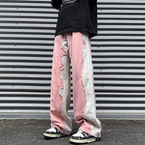 8XL-M 特大码美式高街ins小众vibe鸳鸯黑白拼接直筒牛仔裤K929P60图片