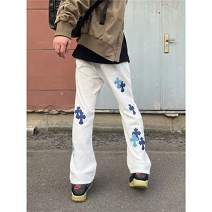 新款时髦撞色十字皮标直筒休闲牛仔裤显瘦百搭长裤NZ222图片
