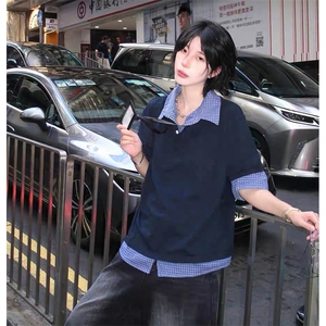 得物抖音高品质二开 夏季美式潮牌高街假两件格子衬衣翻领短袖T恤图片