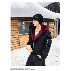 美式复古座山雕毛领连帽男女冬宽松PU皮加厚棉衣SW313 P125图片