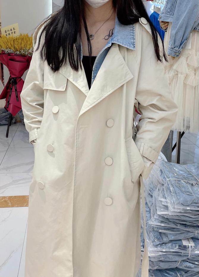 2021春装新款外套女牛仔拼接假两件时尚百搭中长款风衣，女装风衣，迷吉meeggle