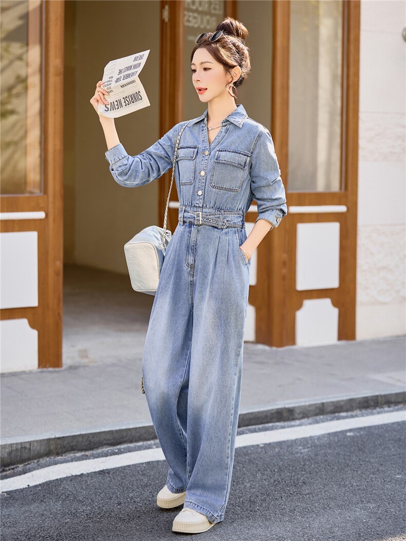 （新款现货）2026春装时尚休闲显瘦工装v领牛仔阔腿腰带连体裤女,女装连体裤,印象茜