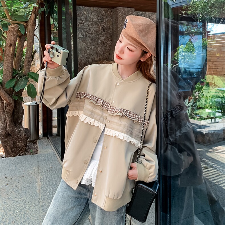 米咖色蕾丝花边棒球服短外套女2025春秋季新款小香风显瘦夹克上衣,女装短外套,浙宝A馆126