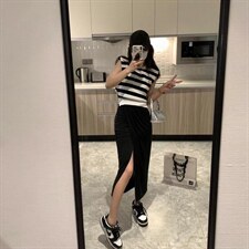 现货夏款垫肩条纹针织，其它，XTZ style