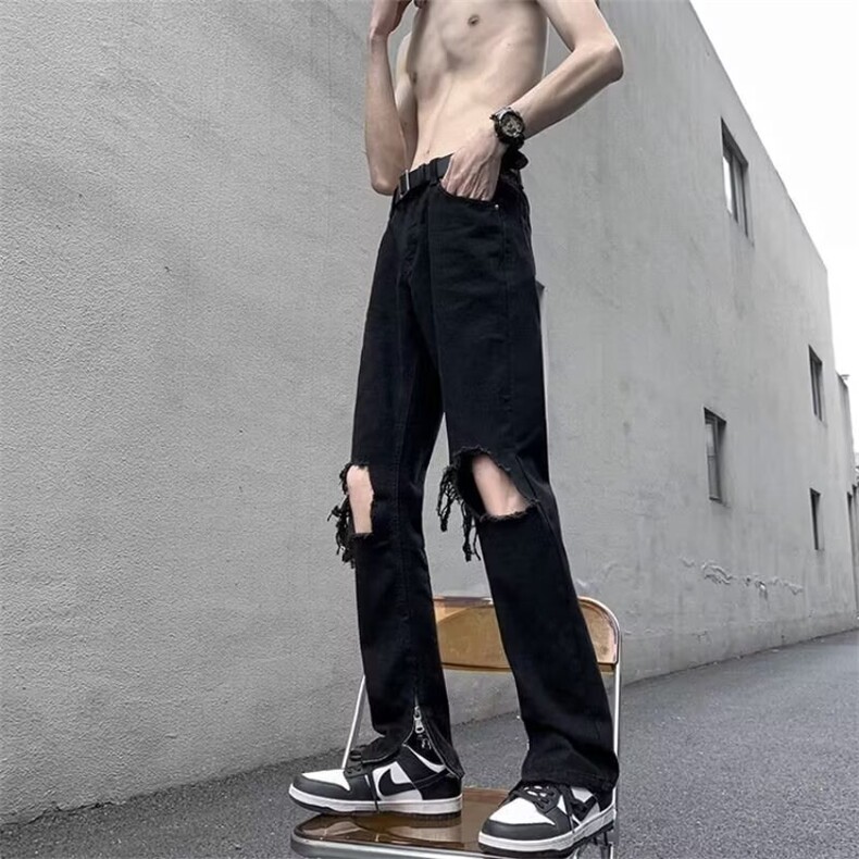 欧美高街vibe裤子美式街头纯黑色牛仔裤男破洞膝盖小众Z722 P37图片