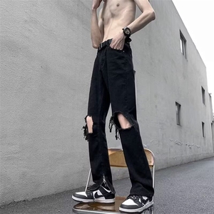 欧美高街vibe裤子美式街头纯黑色牛仔裤男破洞膝盖小众Z722 P37图片
