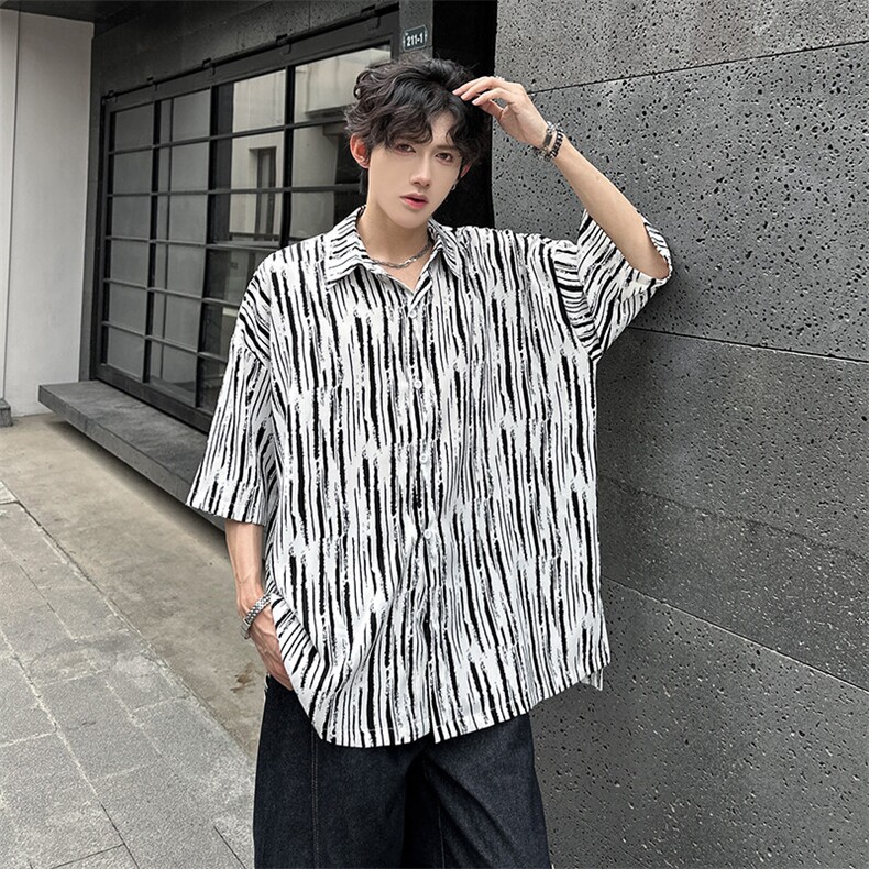 现货夏季经典斑马纹凉感ins风宽松潮男衬衫A071-C53-P38,男装衬衫,电商A071