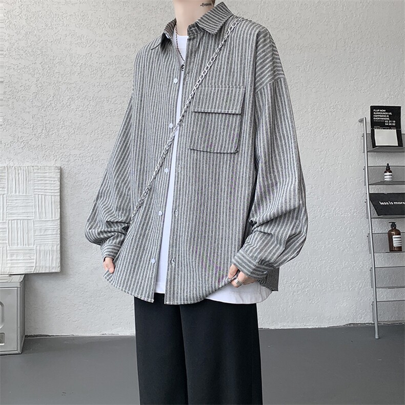 衬衫男秋季新款港风宽松大码立体口袋纯棉条纹长袖衬衣CS3099-P42，男装衬衫，星座214-3