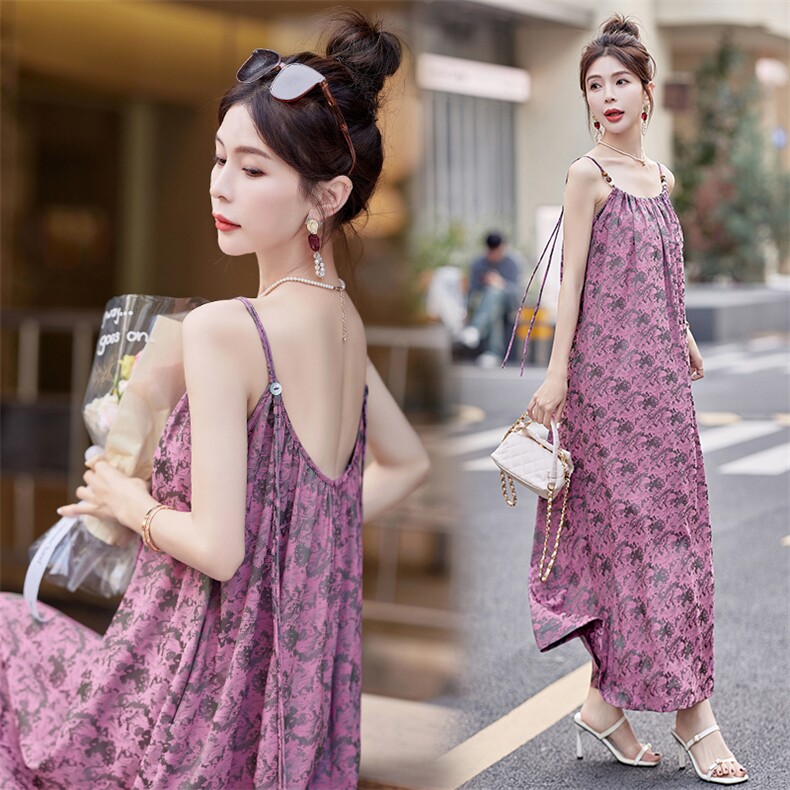 2025新款提花天丝吊带长裙气质长款吊带裙，女装连衣裙，难舍钰依