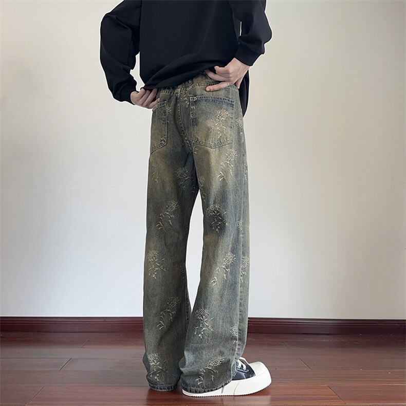 B221 美式ins高街暗黑宽松直筒提花牛仔裤LK24396-特P52控88图片
