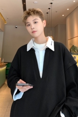特批P60无差价秋季肌理感字母刺绣假两件青少年衬衫领卫衣男W2344，男装卫衣，电商A001-1