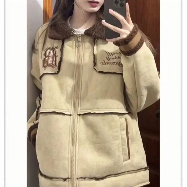 美式复古麂皮绒刺绣翻领羊羔毛绒外套女秋冬季设计感小众加厚棉服,男装夹克,星座1210-1