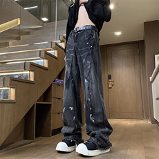 美式高街牛仔裤男女韩版潮流拼接涂鸦毛边2024秋冬长裤RK2223-P56，男装牛仔裤，星座412-3