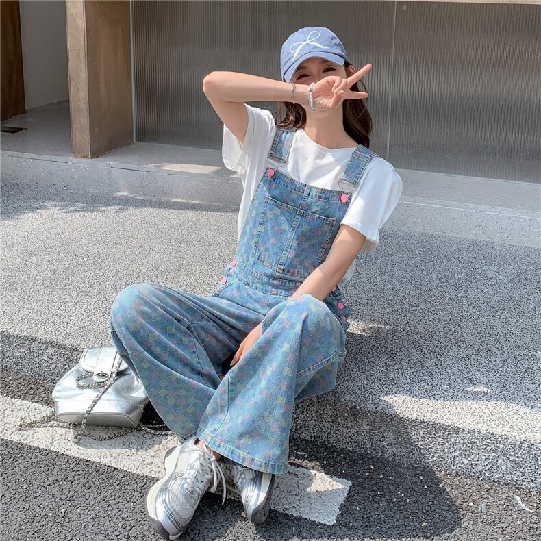 甜美气质棋盘格牛仔背带裤套装女夏2025新款又酷又飒穿搭两件套,女装套装/套裙,2D148