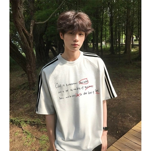 抖音得物高品质二开240克宽松纯棉美式潮牌三条杠织带短袖T恤图片