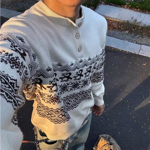 重磅秋冬装北极绒套头毛衣美式复古休闲慵懒风提花工艺针织衫外套图片