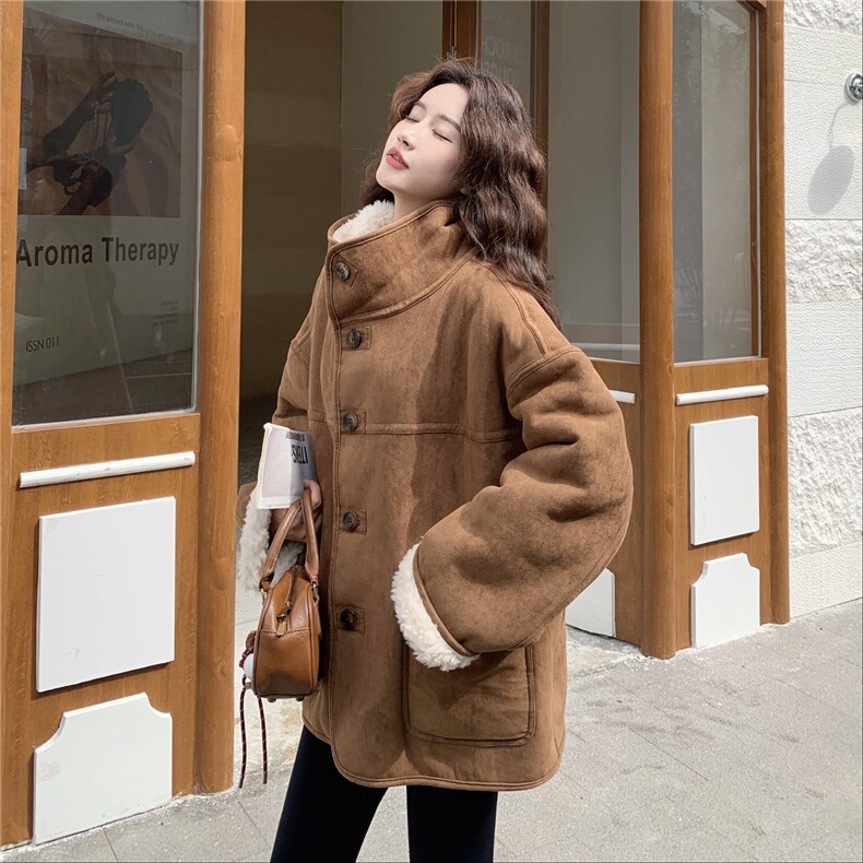 咖色麂皮绒两面穿皮毛一体羊羔毛外套女秋冬2025新款减龄显瘦棉服,女装短外套,2D037