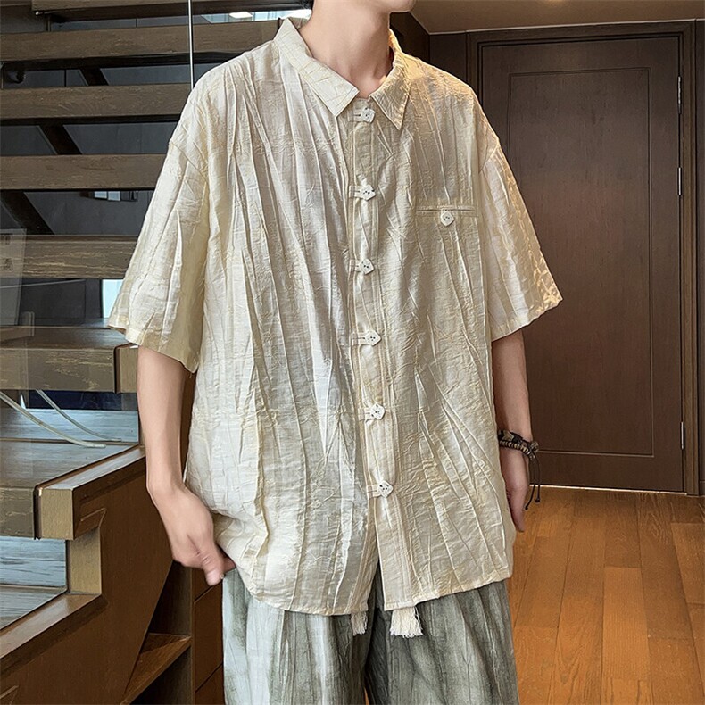 703-C332-P65夏季天丝提花炒色风休闲衬衫新中式短袖,男装T恤,星座703