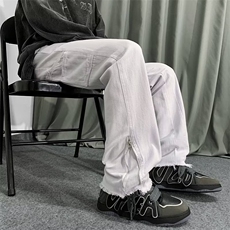 高街黑色牛仔裤男春秋美式宽松直筒拉链潮牌港风休闲裤K2631-P45，男装牛仔裤，星座412-3