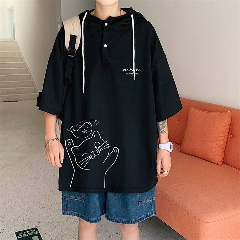 LD54133-P45 连帽短袖t恤男大码胖子带帽五分袖中袖图片