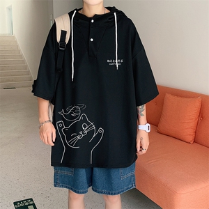 LD54133-P45 连帽短袖t恤男大码胖子带帽五分袖中袖图片