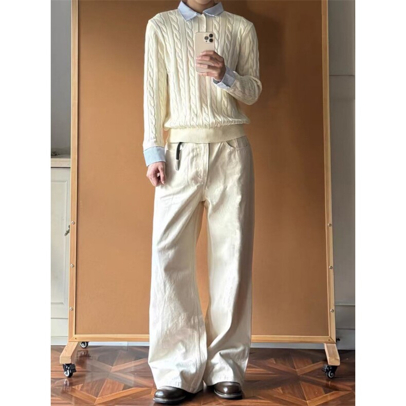 cleanfit老钱风绞花假两件拼接条纹长袖毛衣针织衫~MY2595批78图片