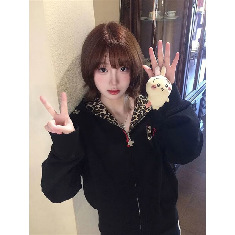美式豹纹刺绣小猫咪短款外套男女秋冬2025新设计感拉链卫衣,女装短外套,四季星座505