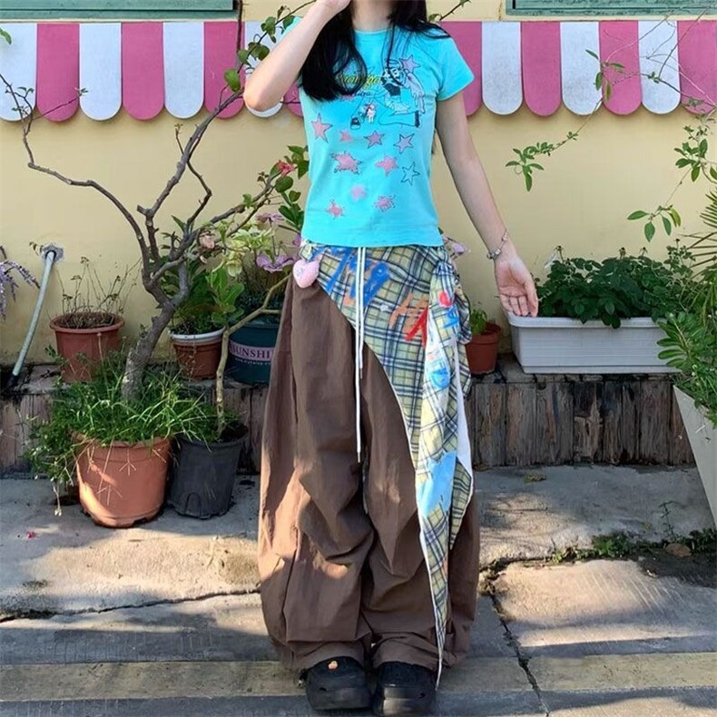 复古辣妹格子屁帘拼接设计感阔腿裤女夏宽松褶皱工装伞兵裤,女装休闲裤,星座1210-1