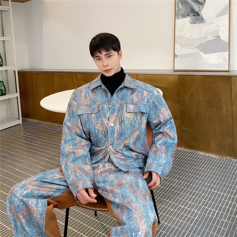 秋季小香风亮片牛仔二件套拼接外套潮流阔腿裤拖地裤套装305-P225，男装休闲套装，电商A345