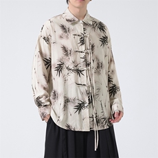 C8607P65无影墻竹子水墨印花盘扣新中式风唐装汉服衬衫，男装衬衫，电商A026