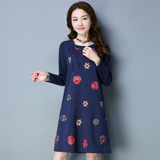 时尚优雅刺绣长袖连衣裙修身显瘦气质女装，女装连衣裙，丽影随形