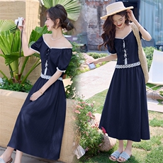 2025年夏季新款蕾丝花边拼接套裙度假风甜美裙子两件套，女装套装/套裙，慕依路