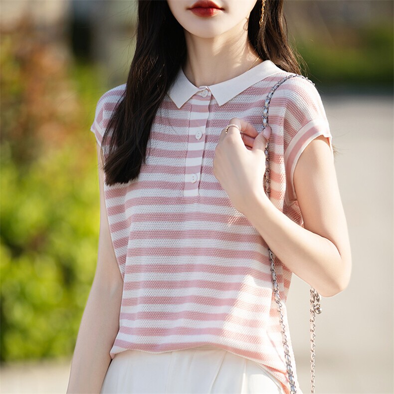 POLO领针织条纹短袖T恤女夏季薄款时尚减龄百搭显瘦撞色翻领上衣，女装针织衫/毛衣，片语羊绒