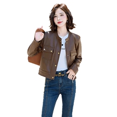 现货美拉德小香风褐色仿羊皮衣外套女2024秋装新款精致职场通勤，女装皮衣，跑量工厂店