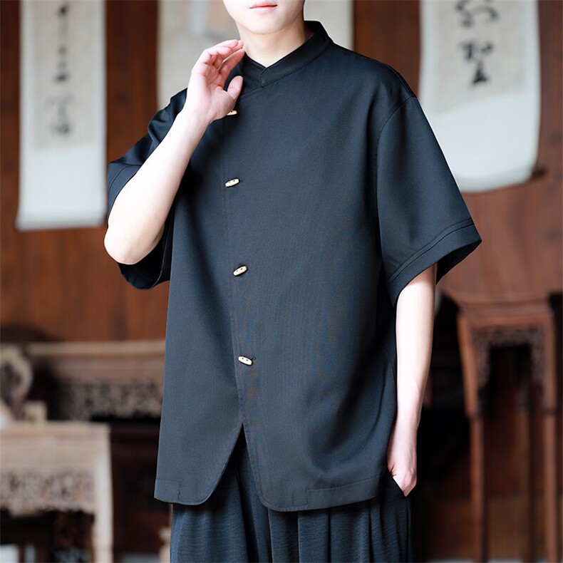 新中式轻国风衣服斜襟盘扣衬衫短袖男夏季高级感改良唐装汉服茶服,男装衬衫,电商A021