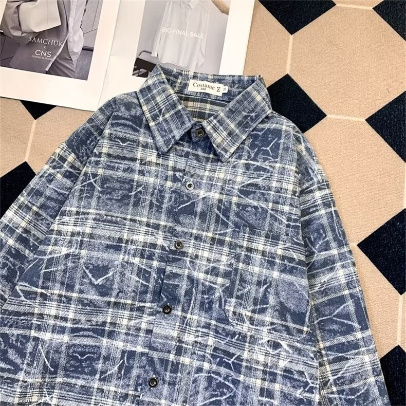 美式秋季复古cleanfit格子衬衫男格纹春秋长袖痞帅衬衣女外套新款,男装衬衫,星座601-2