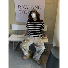 黑白条纹镂空冰丝针织衫美式polo衫短袖男夏季设计感t恤T5070-P40，男装T恤，星座1001-1