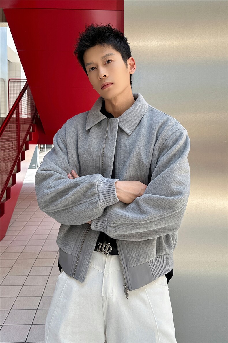 双拉链毛呢夹克外套秋冬短款呢子大衣宽松妮子风A236-JK611-P145,男装毛呢大衣,电商A236