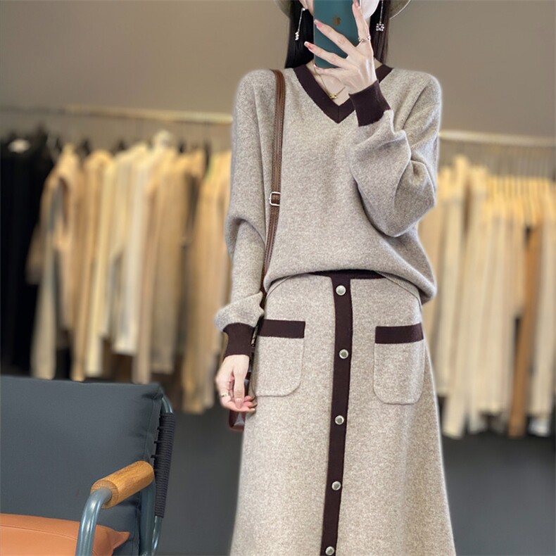 百搭四平针小香风拼色套装显瘦长袖针织衫配高腰半身裙气质女神，女装套装/套裙，宛庄羊绒