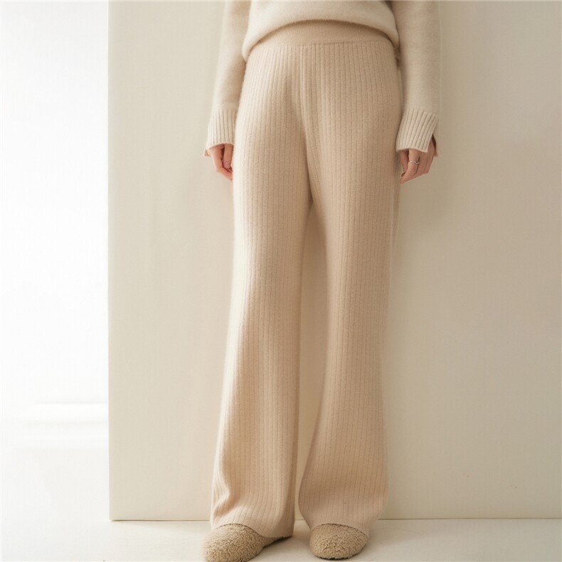 显瘦软糯坑条山羊绒针织阔腿裤女百搭休闲2025秋冬新直筒羊毛裤子，女装休闲裤，暖凌绒