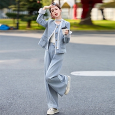 蕾丝拼接牛仔阔腿裤套装女春秋2025新款两件套独特绝美超火高级感，女装套装/套裙，2B115
