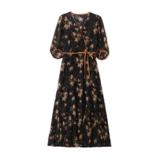 2026年夏季时尚潮流气质V领印花修身连衣裙，女装连衣裙，江南富贵女