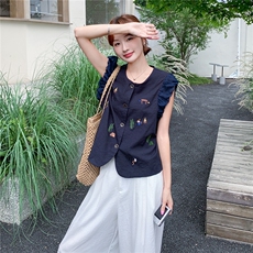 设计感藏蓝色刺绣上衣阔腿裤两件套女2025年夏季新款休闲显瘦套装，女装套装/套裙，维壹