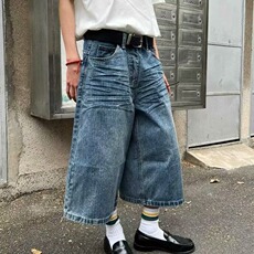 美式格子口袋阔腿夏季复古七分水洗宽松裤子牛仔七分裤男女牛仔裤，男装牛仔裤，星座506A