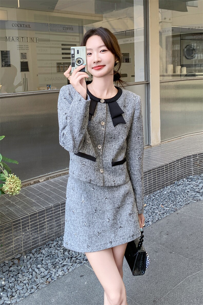 现货-小香风套装女小个子2025秋季新款气质淑女半身裙短裙两件套,女装套装/套裙,霓裳依族
