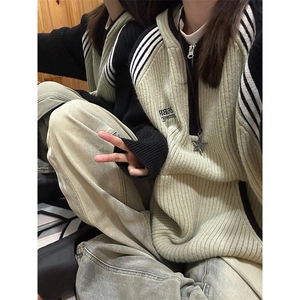 潮牌撞色插肩长袖连帽毛衣男女秋冬半开拉链针织衫外套 M369图片