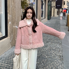 现货好数据25冬装短款月牙皮袢牛角扣皮毛一体182A-8587P185K268，女装皮草，浙宝182A