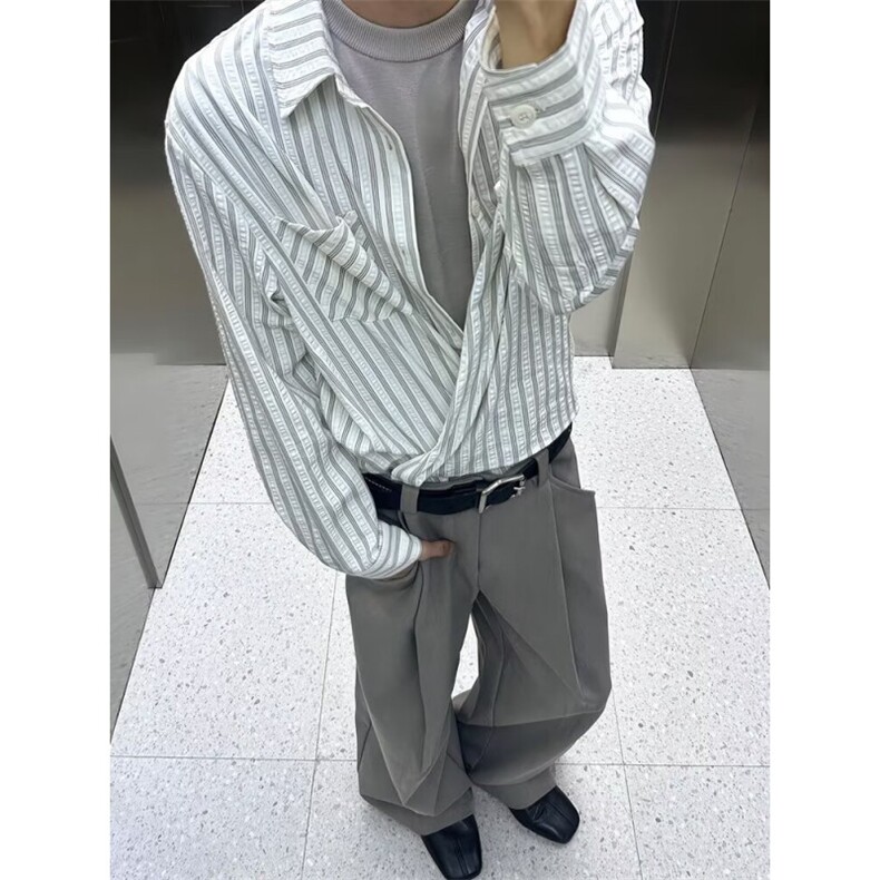 美式潮牌高街复古泡泡纱竖条纹日系肌理长袖衬衫男女休闲宽松衬衣图片
