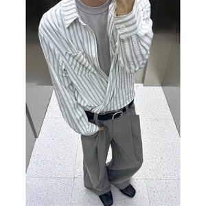 美式潮牌高街复古泡泡纱竖条纹日系肌理长袖衬衫男女休闲宽松衬衣图片