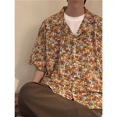 复古夏威夷碎花短袖衬衫男女夏季宽松沙滩休闲衬衣潮GCS87，男装T恤，星座208-5